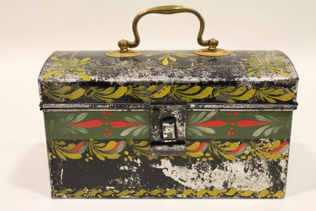 Tole Decorated Document Box: Brass handle, tin box with colorful tole decoration, 8" long.
