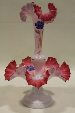 Victorian Art Glass Epergne: Victorian cased bristol glass epergne, 2-piece, enameled decorated with blue flowers, ruffled edges, 15" high.