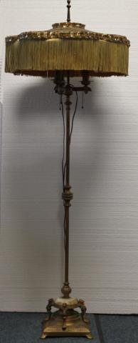 Floor Lamp with Shade: Fringed shade, 3-light, bronze floor lamp with onyx base and fancy Victorian shade.