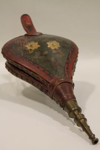 Early 1800s Hand-Painted Turtle Back Bellows: Red painted bellows with flower and leaf handpainted decoration on front, stencil decoration on back, brass nozzle, 18 1/4" long.