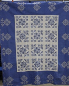 Blue White Needlepoint on White Quilt