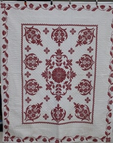 Red Needlepoint / Cross-Stitch on White Quilt