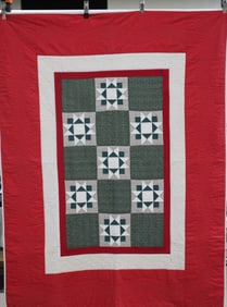 Amish Red Border w/ Blue & White Patches Quilt