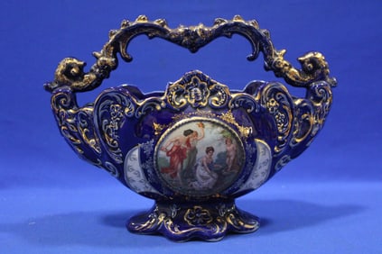 Cobalt Blue Majolica Basket Classic Scene "L28"