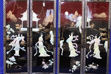 Oriental 4 Panels w/ Mother of Pearl Figure & Florals