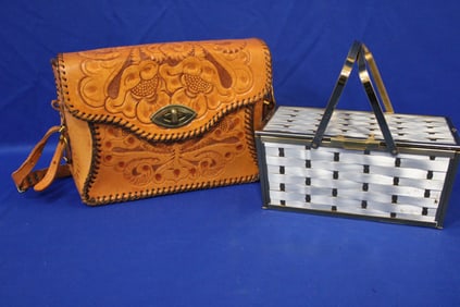 2 Vintage Purses, Woven Metal & Tooled Leather