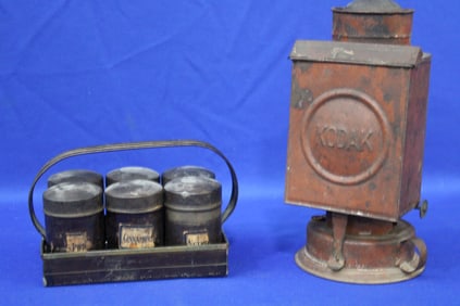 Red Painted Tin Kodak Lantern & Tin Spice Canisters