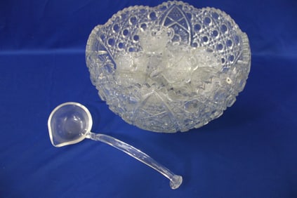 Lg Pressed Glass Punch Bowl w/ 12 Cups & Ladle