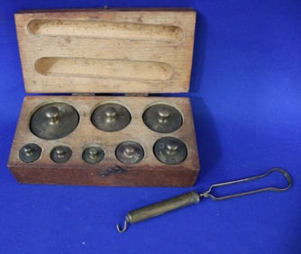 Antique Dekagram Weights & 1800s Pocket Scale