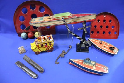 Litho Tin Toys - Lindstrom Boats, RR Sign, More