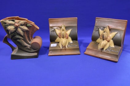 Roseville Pottery Clematis Vase 193-6" & Bookends