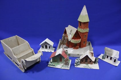 Group of Christmas Putz Houses & Santa's Sleigh