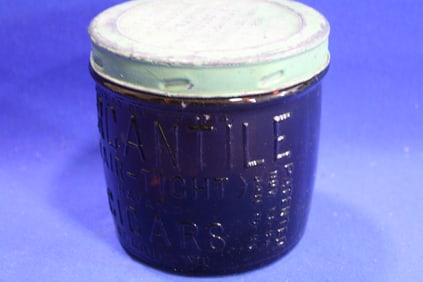 1895 Amber F R Rice Mercantile Cigar Jar Advertising