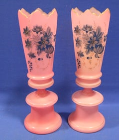 Pair Pink Bristol Glass Mantle Vases