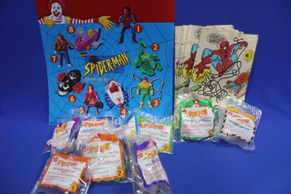 1995 McDonald's Spiderman Set Figures, Sign & Bags