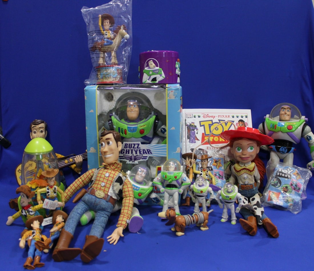 Large Group of Toy Story Buzz Lightyear Toys: Large Group of Toy Story Buzz Lightyear Toys - 1990s-1995 Thinkway Toy Story Buzz Lightyear Talking Action Figure in Original Box; Disney Pixar McDonalds Toy Story 2 Woody's Roundup Rodeo Candy Dispen