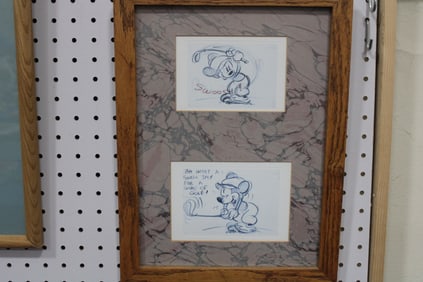 Framed Pair of Mickey Mouse Playing Golf Drawings
