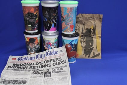 1992 McDonald's Batman Set of 6 Cups w/ Lids NOS