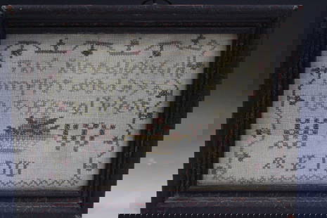 Dated 1807 Petite Needlework Sampler: Dated 1807 Petite Needlework Sampler, signed and dated - petite stitching, silk on homespun linen, cascading border of tiny blossoms, surrounding message "This needlework completed May 6, 1807, Hazel