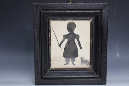 1800s Rare Child's W/C Silhouette w/ Cat