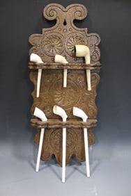 19th C Carved Pipe Wall Rack w/ Clay Pipes