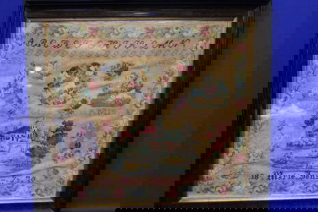 Dated 1874 Large Multi-Scenes Sampler: Dated 1874 Large Multi-Scenes Framed Sampler - wrought by Marie Jensen, 7/3/1874, scenes of church, pond with boater, bridges, floral borders, mini scenes of children at play with their animals, flora
