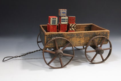 19th C Child's Doll Paris Wooden Wagon