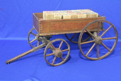 19th C Child's Doll / Block Wooden Wagon "Paris"