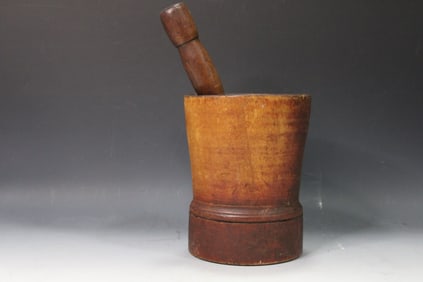Mid-19th C Red Stained Mortar & Pestle