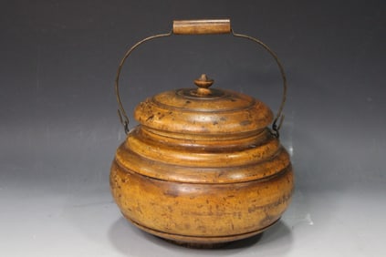19th C Peaseware Lidded Jar w/ Bale Handle