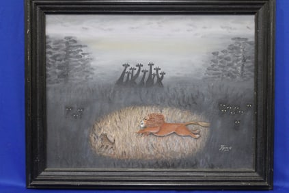 Signed Hyme O/C Painting w/ Lion & Giraffes