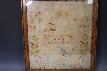 1755 Earliest Sampler w/ Parrot, Rose, More