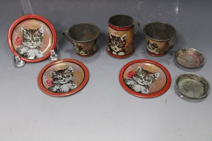 Early 1900s Ohio Art Cat Tin Litho Tea Set