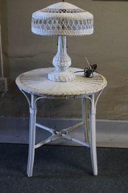 Mid-Century Wicker Round Table & Lamp