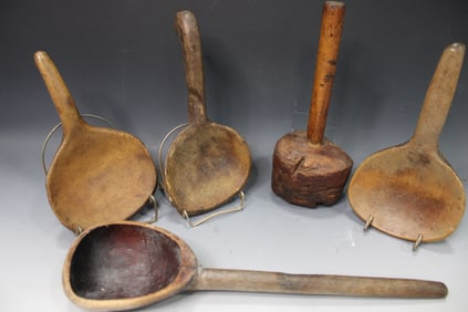 Group of Early Wooden Scoops & Mallet