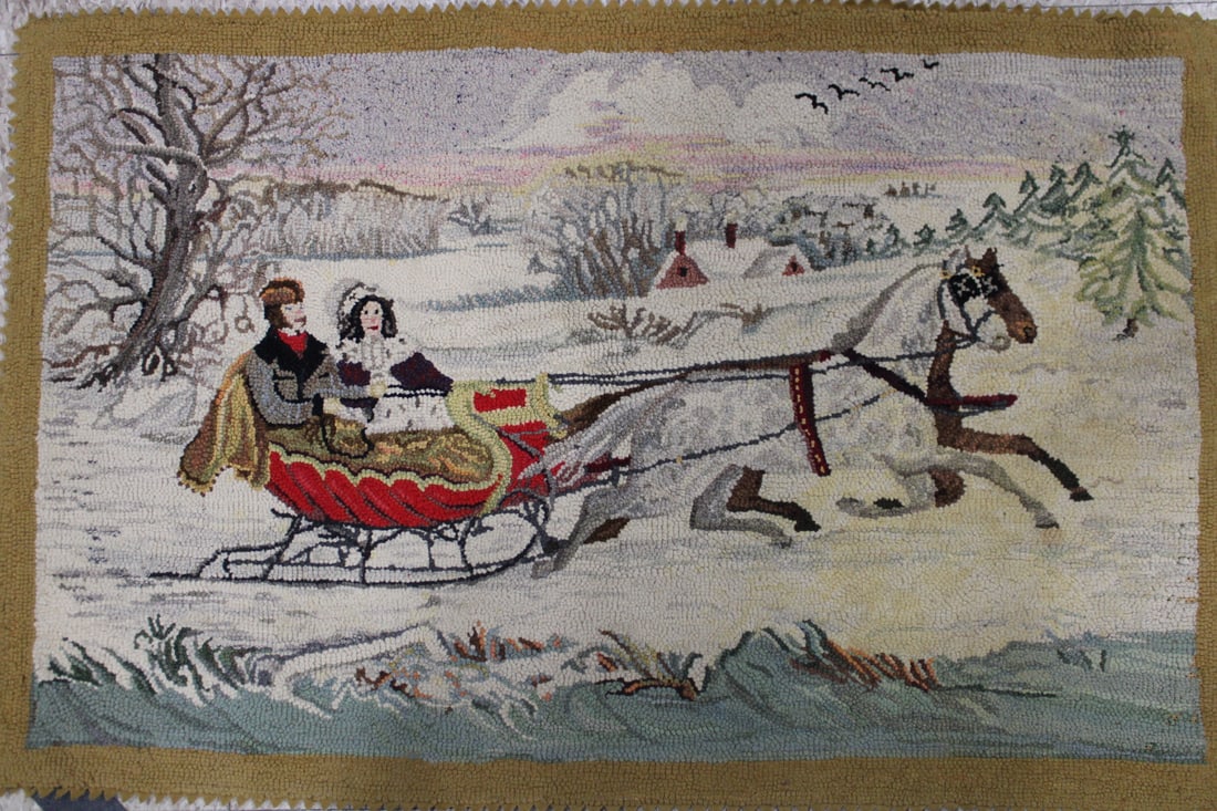Mid-20th C Winter-Theme Horse & Sleigh Rug (1 of 3)