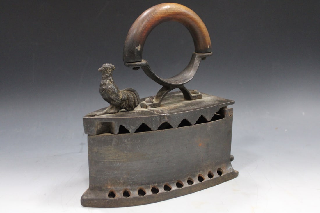 19th Charcoal Iron w/ Rooster Latch Iron: 19th century charcoal / coal iron with figural rooster latch. Maker's mark illegible, 9 1/4" L.