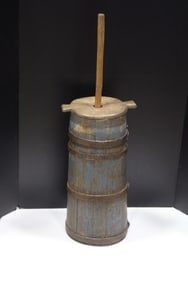 Early Green Painted Wooden Butter Churn