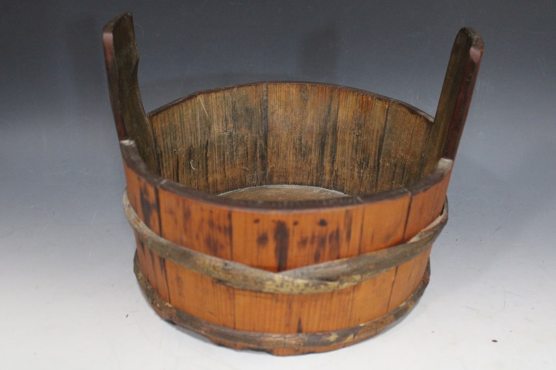 Small Pine Keeler Bucket w/ Piggin Ends: Small Pine Keeler Bucket w/ Piggin Handles - twig bands, 11 1/2" W x 10" H.