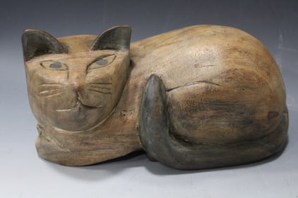 Carved Wooden Recumbent Cat