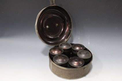 Round Tinware Spice Box w/ 6 Canisters