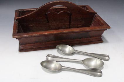 Carved Walnut Utensil Holder & Pewter Spoons
