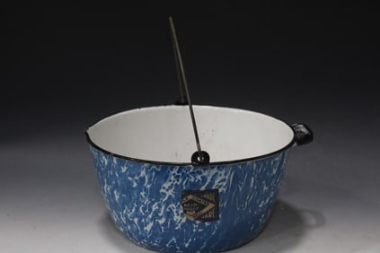 Blue & White Graniteware Pot w/ O/ Paper Label