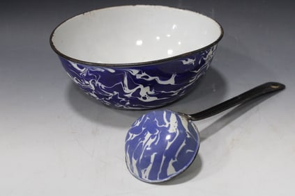 Blue & White Graniteware Bowl & Ladle