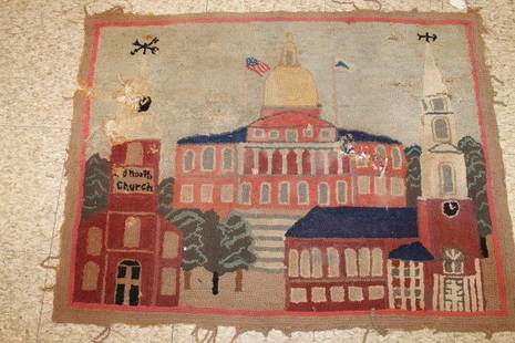 19th C. Early Hooked Rug Old North Church, Patriotic, H: Rug depicts historic / patriotic buildings of Boston, weather vanes, early American flag, Boston State House, 31 x 41