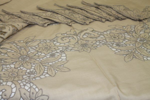 Cut Work Linen Tablecloth & Napkins: Ecru color, 64" W x 82l" L, 8 16" square napkins