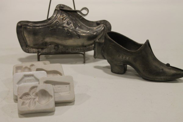 Candy / Ice Cream Shoe Molds: Pewter 2-piece Dutch shoe and Victorian shoe molds and bisque candy molds