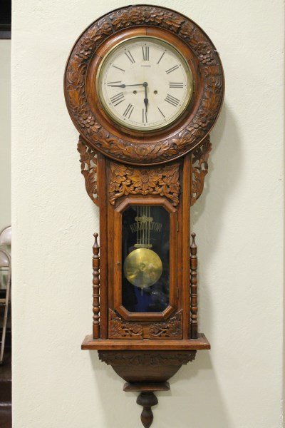 Large Sessions Carved Oak Regulator Wall Clock: Highly carved, appx 57 x 22