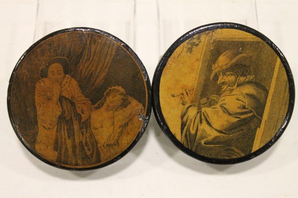Early 19th Century Paper Mache Snuff Boxes: Scenes of man smoking pipe with beer stein peering out window or doorway and sleeping nude woman with surprised court jester; each appx 3 1/2" wide