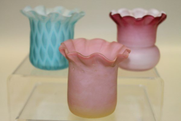 3 Victorian Glass Toothpick Holders: Mt. Washington Burmese, blue cased glass, pink cased glass